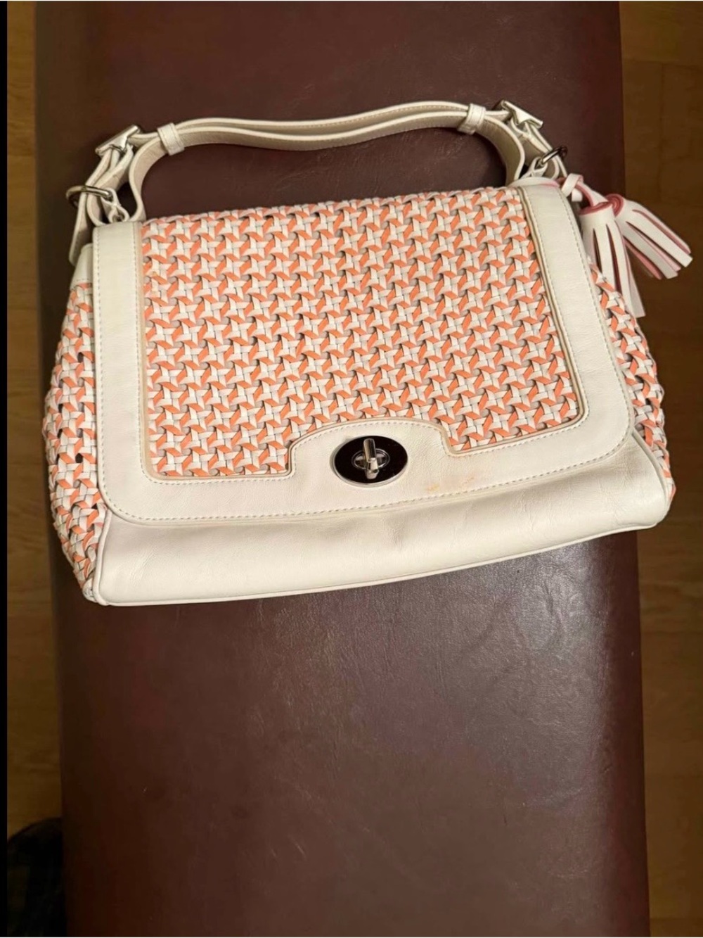 Coach Cream and Coral Woven Shoulder Bag with Turn-Lock